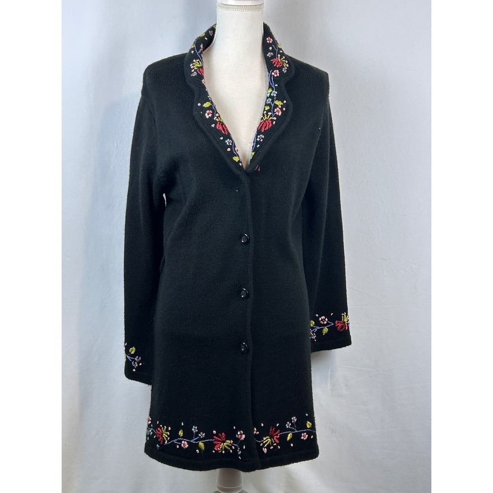 White Stag Floral Embroidered Cardigan Women Medium Black Good Longline Sweater